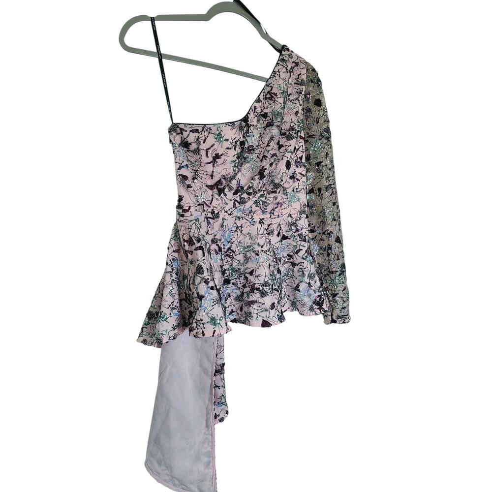 Self-Portrait Asymmetric Sequinned Floral Mesh One Shoulder Top Pink Size 2 - Picture 5 of 9